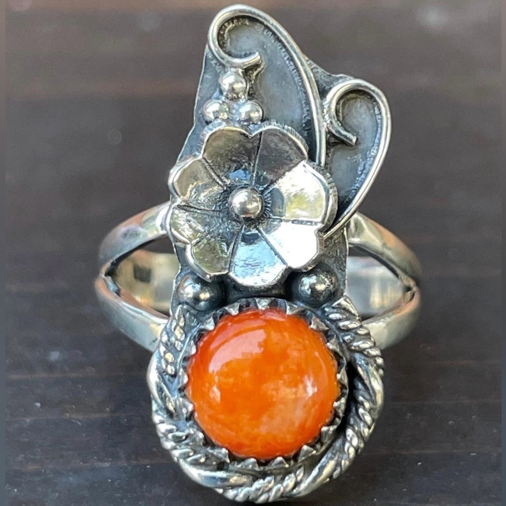 VTG Native American Spiny Oyster Flower Ring Sterling Silver Size 5.75-6